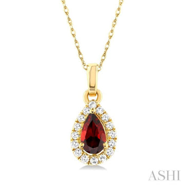 5x3 MM Pear Shape Garnet and 1/20 Ctw Single Cut Diamond Halo Semi-Precious Pendant with Chain in 14K Yellow Gold